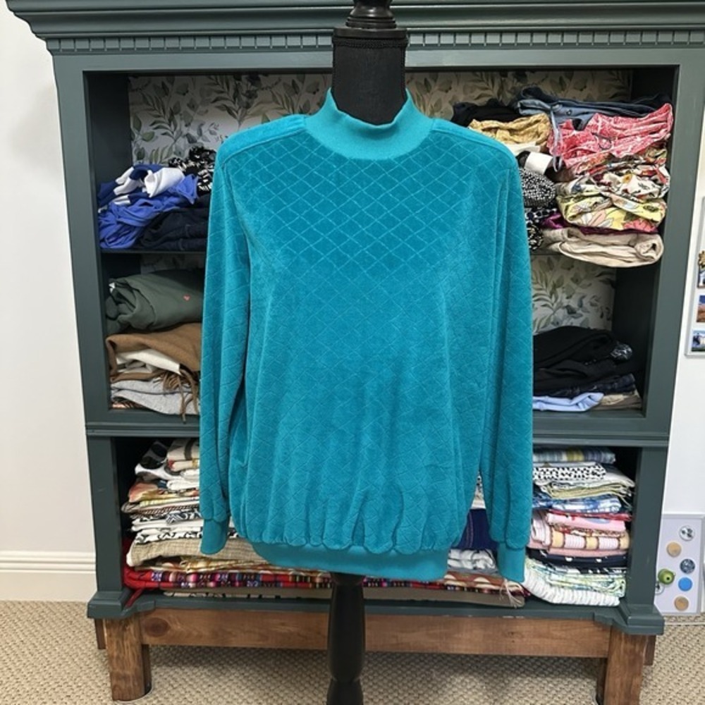 Vintage 1980s Alfred Dunner teal green pullover Mock Turtleneck US Made Sz M
